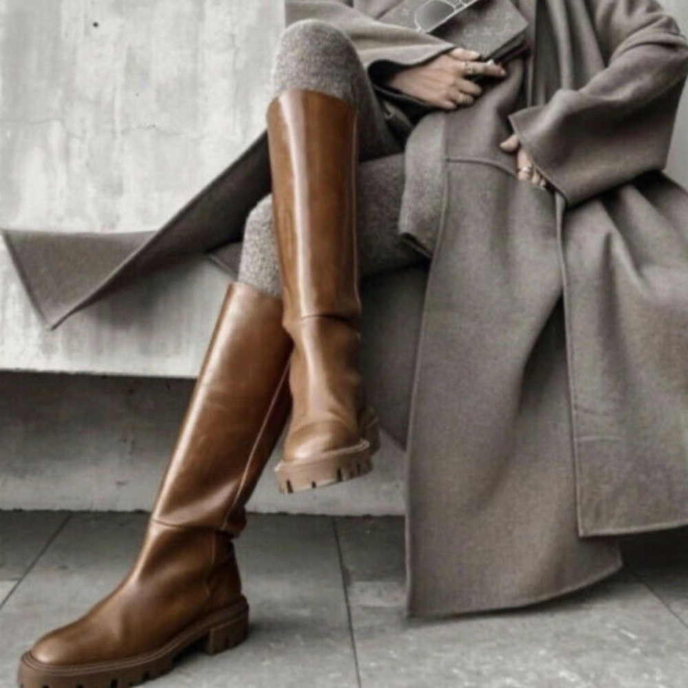 ZARA Flat Knee Brown Tall Leather Boots - Picture 1 of 16